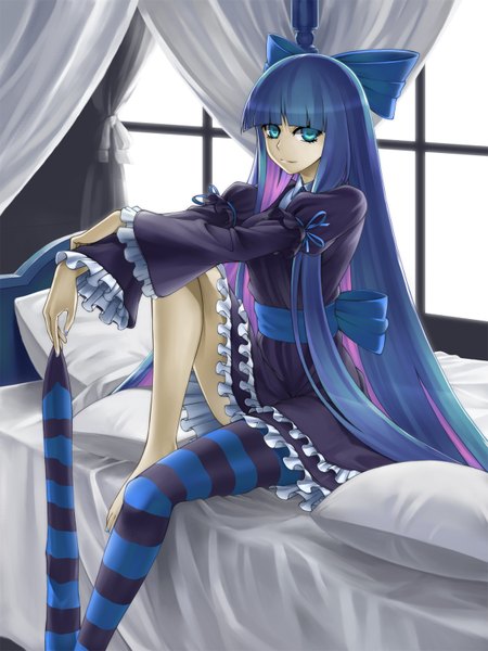 Anime picture 1200x1600 with panty & stocking with garterbelt anarchy stocking kazuki seihou single long hair tall image blue hair multicolored hair aqua eyes streaked hair girl thighhighs dress bow ribbon (ribbons) hair bow pillow bed striped thighhighs single thighhigh