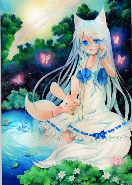 Anime picture 1076x1500 with original mosho single long hair tall image looking at viewer blush open mouth blue eyes sitting signed animal ears white hair tail animal tail traditional media watercolor (medium) girl dress flower (flowers)