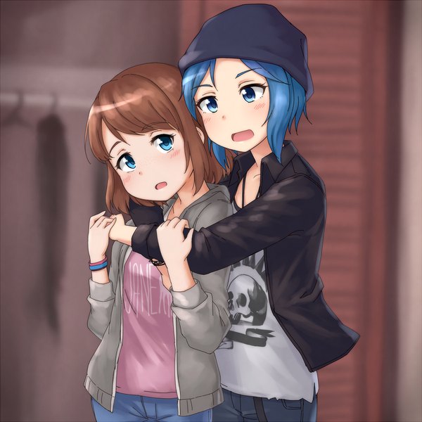 Anime picture 1500x1500 with life is strange chloe price max caulfield mohya (artist) blush fringe short hair open mouth blue eyes brown hair standing multiple girls blue hair indoors hug eye contact hug from behind arm grab skull print girl