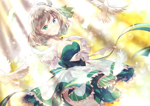 Anime picture 1200x849 with idolmaster idolmaster cinderella girls takagaki kaede domotolain looking at viewer blush fringe short hair blue eyes smile standing bare shoulders green eyes grey hair heterochromia outstretched arm hand on chest light flying girl
