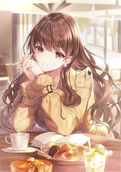 Anime picture 707x1000 with original kagachi saku single long hair tall image looking at viewer fringe smile brown hair brown eyes signed upper body indoors long sleeves head tilt fingernails blurry depth of field grin wavy hair