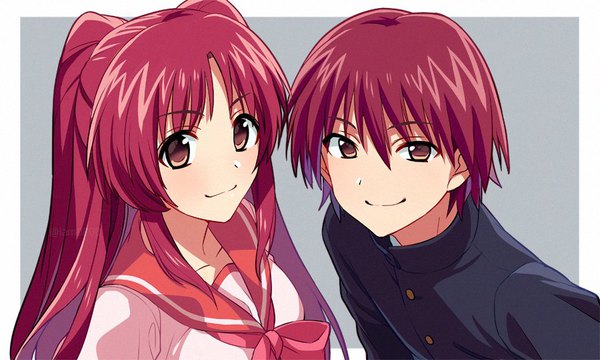 Anime picture 900x541 with to heart 2 leaf (studio) kousaka tamaki kousaka yuuji sayshownen long hair looking at viewer fringe short hair simple background smile hair between eyes wide image twintails brown eyes upper body red hair grey background border brother and sister