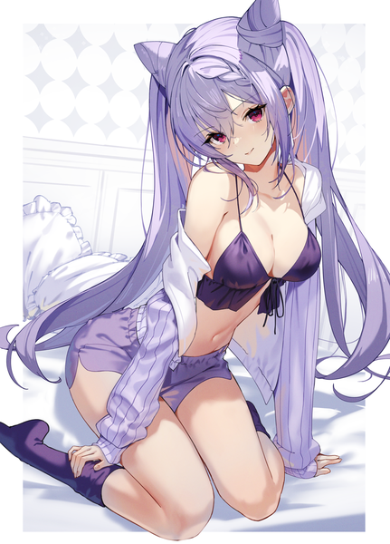 Anime picture 1795x2500 with genshin impact keqing (genshin impact) scottie (phantom2) single long hair tall image looking at viewer fringe highres breasts light erotic hair between eyes sitting purple eyes twintails payot cleavage purple hair indoors long sleeves