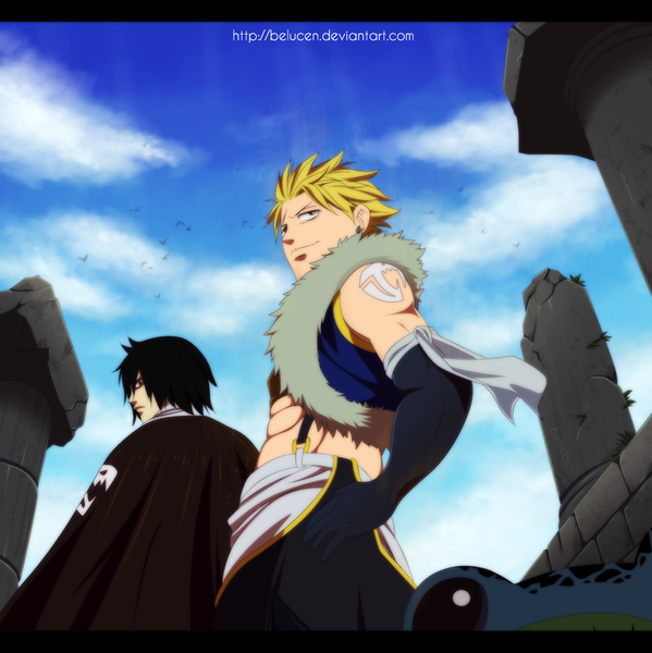 Anime picture 1001x1004 with fairy tail sting eucliffe rogue cheney belucen tall image short hair black hair blonde hair sky cloud (clouds) profile looking back black eyes multiple boys from below tattoo sleeveless hand on hip coloring muscle