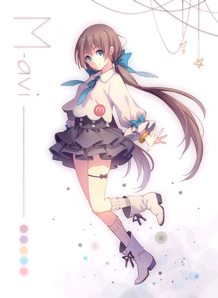 Anime picture 1000x1368 with original tidsean single long hair tall image looking at viewer fringe blue eyes simple background smile hair between eyes brown hair twintails bent knee (knees) head tilt puffy sleeves girl bow hair bow socks