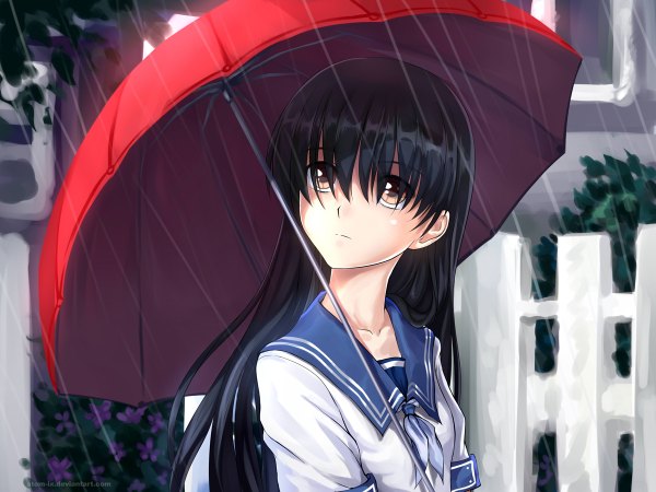 Anime picture 1200x900 with denpa teki na kanojo ochibana ame atomix long hair black hair brown eyes looking back rain girl uniform school uniform serafuku umbrella