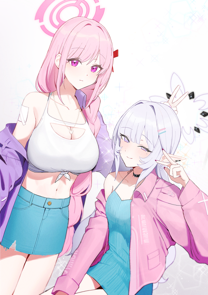 Anime picture 1700x2405 with blue archive himari (blue archive) eimi (blue archive) zanya 000 long hair tall image looking at viewer fringe breasts light erotic simple background smile large breasts standing white background sitting purple eyes multiple girls pink hair white hair