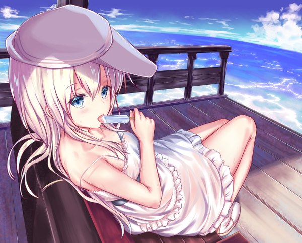 Anime picture 1240x999 with kantai collection hibiki destroyer verniy destroyer tama satou single long hair looking at viewer fringe open mouth hair between eyes sitting bare shoulders holding sky cloud (clouds) bent knee (knees) white hair from above shadow horizon