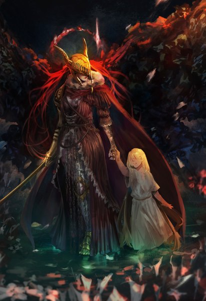 Anime picture 1920x2793 with elden ring malenia blade of miquella miquella (elden ring) sentron long hair tall image highres blonde hair holding full body red hair wide sleeves holding hands siblings walking twins hair over eyes girl dress boy