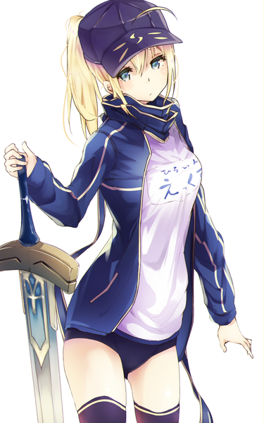 Anime picture 3162x5060 with fate (series) fate/grand order artoria pendragon (all) mysterious heroine x (fate) suwakana single long hair tall image looking at viewer fringe highres breasts blue eyes light erotic simple background blonde hair hair between eyes standing white background holding