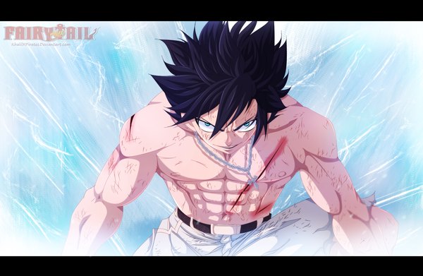 Anime picture 2200x1435 with fairy tail gray fullbuster khalilxpirates single highres short hair blue eyes black hair smile inscription copyright name coloring magic scar muscle boy blood pants cross cross necklace