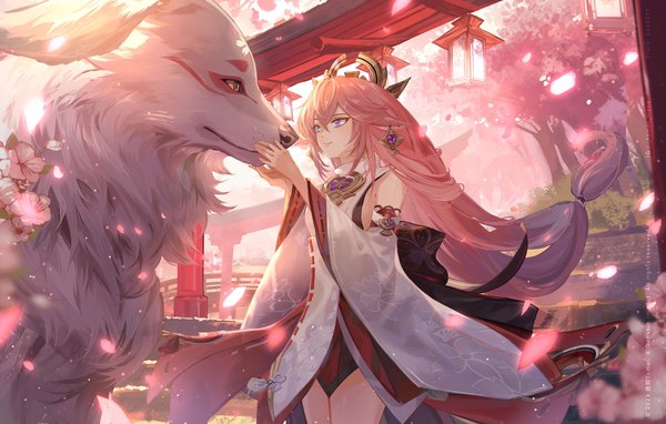 Anime picture 4000x2546 with genshin impact yae miko transparent (artist) single fringe highres hair between eyes purple eyes looking away pink hair absurdres outdoors very long hair traditional clothes japanese clothes cherry blossoms low ponytail nontraditional miko kitsune girl