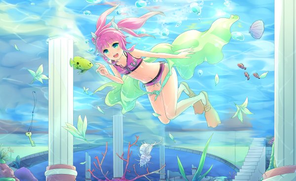 Anime picture 2553x1569 with umi monogatari zexcs urin (umi monogatari) sakakidani single long hair blush highres open mouth wide image twintails green eyes pink hair underwater girl navel bubble (bubbles) fish (fishes) pillar column