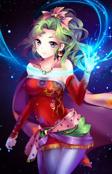 Anime picture 1294x2000 with final fantasy final fantasy vi square enix tina branford squchan single long hair tall image blush purple eyes bare shoulders looking away ponytail green hair sparkle magic wavy hair girl bow hair bow