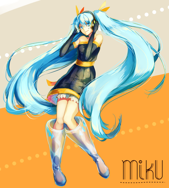 Anime picture 1046x1164 with vocaloid hatsune miku namo (00) single tall image looking at viewer fringe blue eyes smile twintails bare shoulders blue hair very long hair character names hand on headphones girl dress gloves black gloves elbow gloves