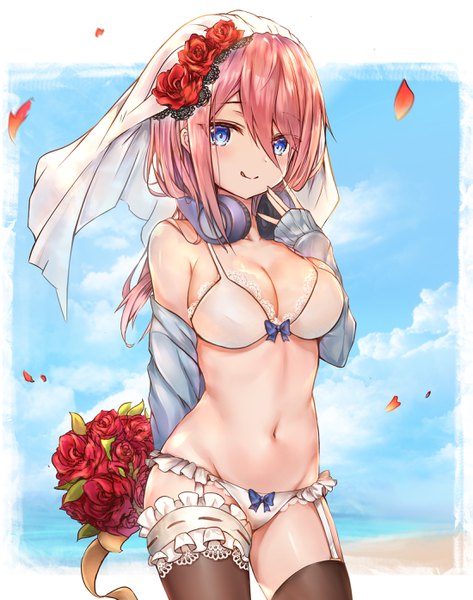 Anime picture 2199x2787 with go-toubun no hanayome nakano miku luminous single long hair tall image looking at viewer blush fringe highres blue eyes light erotic hair between eyes standing holding payot pink hair sky cleavage cloud (clouds)