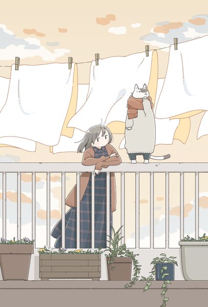 Anime picture 1676x2478 with original east sha2 single long hair tall image looking at viewer sky cloud (clouds) outdoors long sleeves wind grey hair black eyes plaid no nose girl dress plant (plants) animal scarf