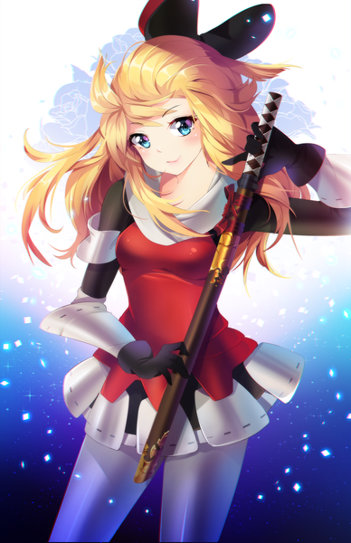 Anime picture 1941x3000 with bravely default: flying fairy edea lee squchan single long hair tall image blush highres blue eyes blonde hair smile standing looking away sparkle gradient background sheathed girl gloves bow weapon