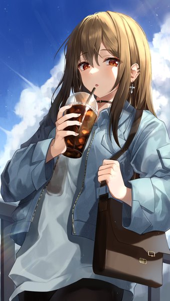 Anime picture 2316x4096 with original kimae single long hair tall image looking at viewer blush fringe highres open mouth hair between eyes brown hair holding brown eyes sky cloud (clouds) outdoors long sleeves mole open jacket