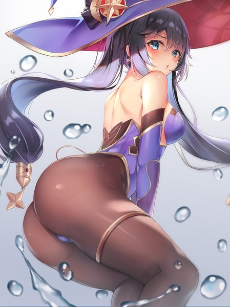 Anime picture 1123x1500 with genshin impact mona megistus eric (tianqijiang) single long hair tall image looking at viewer blush blue eyes light erotic black hair twintails ass looking back :o gradient background girl hat pantyhose witch hat