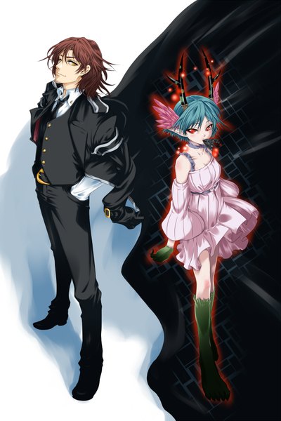 Anime picture 1250x1875 with c: the money of soul and possibility control q (control) mikuni souichirou classictime (artist) tall image short hair red eyes brown hair bare shoulders yellow eyes blue hair horn (horns) couple mouth hold hand in pocket head wings clothes on shoulders girl boy detached sleeves