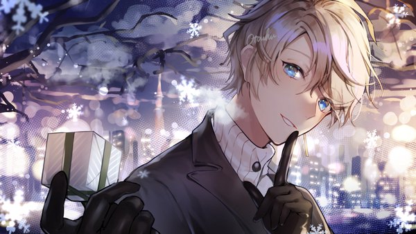 Anime picture 1000x563 with virtual youtuber nijisanji kaida haru otoufu (gotouhu) single looking at viewer short hair blue eyes blonde hair wide image signed upper body city finger to mouth cityscape boy gloves black gloves gift snowflake (snowflakes)