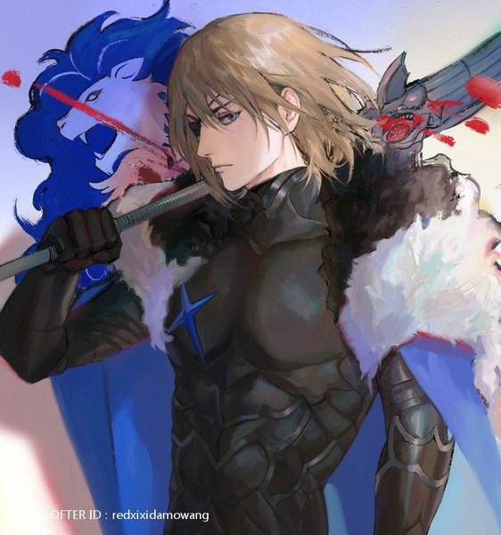 Anime picture 750x801 with fire emblem fire emblem: three houses nintendo dimitri alexandre blaiddyd yao (redxixidamowang) single tall image looking at viewer fringe short hair blue eyes blonde hair hair between eyes holding upper body arm up fur trim weapon over shoulder boy weapon
