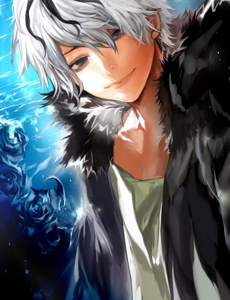 Anime picture 1000x1300 with ib (game) tcb (pixiv) single tall image fringe short hair black hair silver hair multicolored hair light smile lips two-tone hair grey eyes streaked hair boy flower (flowers) rose (roses) blue rose