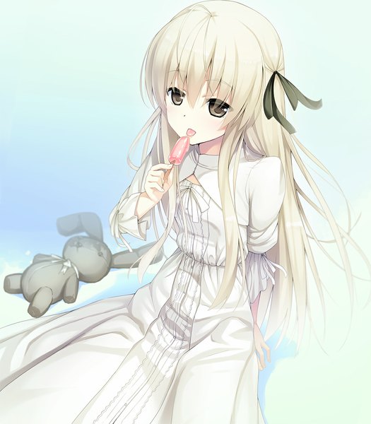 Anime picture 950x1086 with yosuga no sora kasugano sora peragura single long hair tall image looking at viewer white hair grey eyes girl dress ribbon (ribbons) hair ribbon food sweets toy stuffed animal ice cream stuffed rabbit