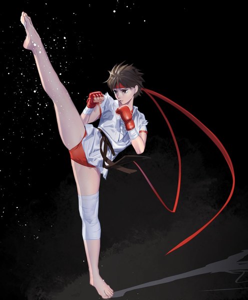 Anime picture 1007x1217 with street fighter capcom kasugano sakura cofffee single tall image short hair light erotic simple background brown hair standing looking away full body barefoot official alternate costume black background standing on one leg fighting stance kick girl