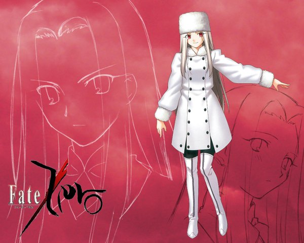 Anime picture 1280x1024 with fate (series) fate/stay night fate/zero studio deen type-moon irisviel von einzbern long hair simple background smile white hair pink eyes inscription pink background fur hat girl hat thigh boots cap winter clothes triple persona