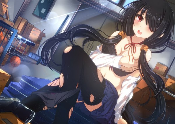 Anime picture 1236x874 with date a live tokisaki kurumi jianren single long hair blush fringe breasts open mouth light erotic black hair red eyes twintails hair over one eye open clothes open shirt low twintails torn pantyhose girl underwear