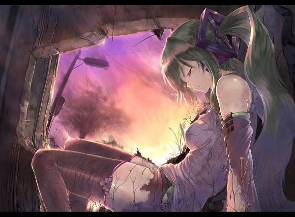 Anime picture 1200x887 with vocaloid hatsune miku sts single long hair bare shoulders eyes closed green hair torn clothes evening sunset destruction girl thighhighs detached sleeves