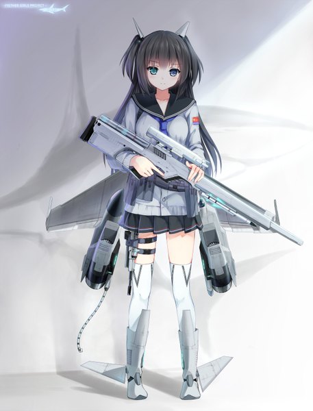 Anime picture 2500x3281 with original hagi (ame hagi) single long hair tall image looking at viewer highres black hair heterochromia girl thighhighs skirt weapon white thighhighs gun