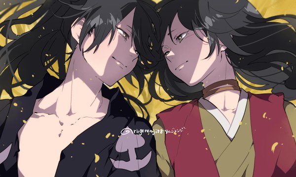 Anime picture 2500x1500 with dororo (tezuka) hyakkimaru (dororo) dororo (character) ringorenji long hair fringe highres black hair wide image brown eyes signed looking away upper body lying traditional clothes japanese clothes light smile on back couple twitter username