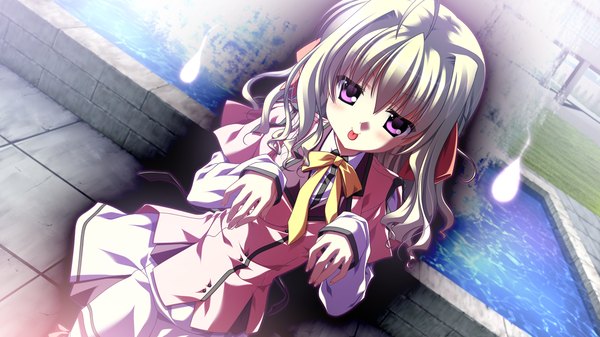 Anime picture 1280x720 with supipara nanao naru long hair blush wide image purple eyes game cg green hair :p ghost girl uniform school uniform