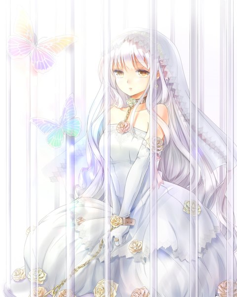 Anime picture 1600x2000 with original shironeko yuuki single long hair tall image yellow eyes white hair girl dress gloves flower (flowers) elbow gloves insect butterfly chain wedding dress