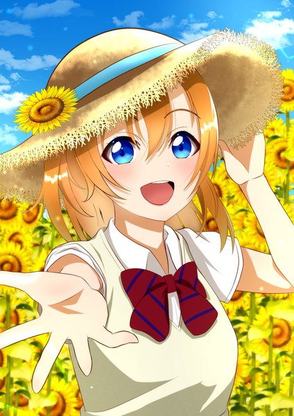 Anime picture 1448x2048 with love live! school idol project sunrise (studio) love live! kousaka honoka nu0024 single tall image looking at viewer blush fringe short hair open mouth blue eyes smile hair between eyes sky cloud (clouds) upper body outdoors :d
