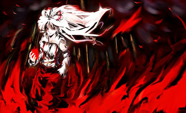 Anime picture 1507x920 with touhou fujiwara no mokou single long hair red eyes wide image white hair magic hand in pocket girl bow hair bow shirt pants fire suspenders
