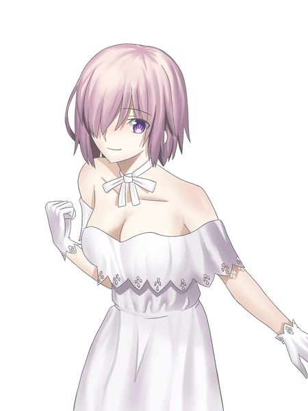 Anime picture 1668x2224 with fate (series) fate/grand order mash kyrielight mash kyrielight (formal dress) berrykanry single tall image looking at viewer blush fringe short hair breasts simple background smile large breasts standing white background purple eyes bare shoulders pink hair