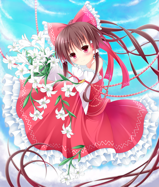 Anime picture 1263x1487 with touhou hakurei reimu maccha long hair tall image blush red eyes brown hair miko girl flower (flowers) bow hair bow detached sleeves