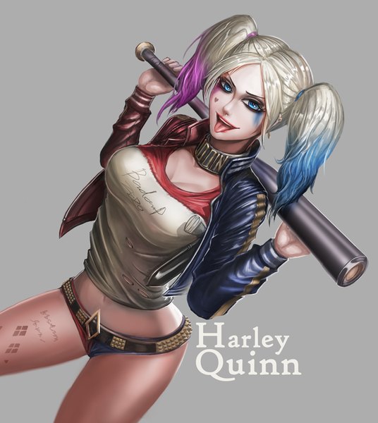 Anime picture 715x800 with batman dc comics harley queen badcompzero tall image looking at viewer short hair breasts blue eyes light erotic simple background large breasts twintails blue hair pink hair grey hair grey background girl shorts belt