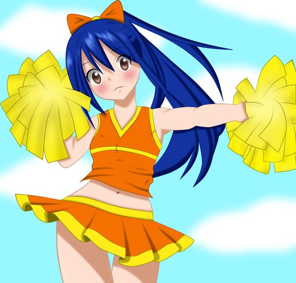 Anime picture 1960x1872 with fairy tail wendy marvell markoldea single long hair looking at viewer blush highres brown eyes blue hair ponytail loli cheerleader girl skirt navel miniskirt pompon