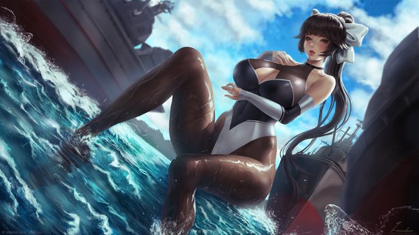 Anime picture 3840x2160 with azur lane takao (azur lane) takao (full throttle charmer) (azur lane) lexaiduer single long hair looking at viewer blush fringe highres breasts light erotic black hair wide image large breasts bare shoulders brown eyes signed payot absurdres