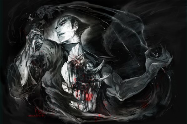 Anime picture 1200x797 with tekken namco (studio) kazuya mishima ryoxkj single short hair open mouth black hair red eyes signed torn clothes monochrome smoke muscle boy heart blood skull claws