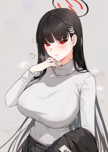 Anime picture 1131x1600 with blue archive rio (blue archive) alraco single long hair tall image looking at viewer blush fringe breasts light erotic black hair simple background red eyes large breasts standing holding blunt bangs long sleeves parted lips