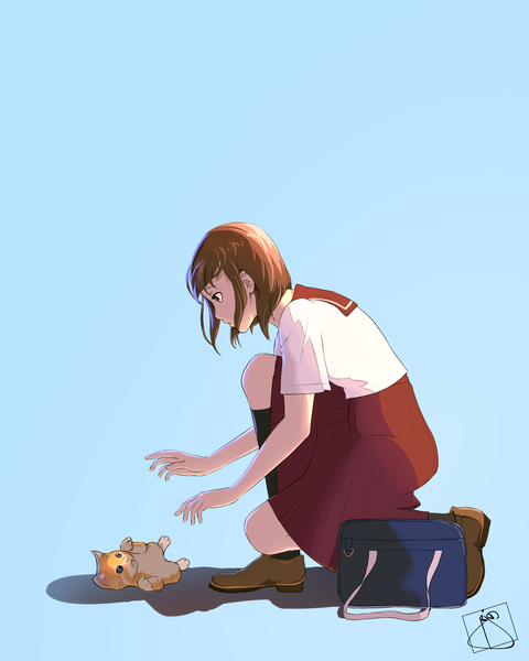 Anime picture 1856x2320 with original ar jart single tall image highres short hair brown hair brown eyes signed payot profile shadow short sleeves blue background girl uniform animal socks serafuku shoes