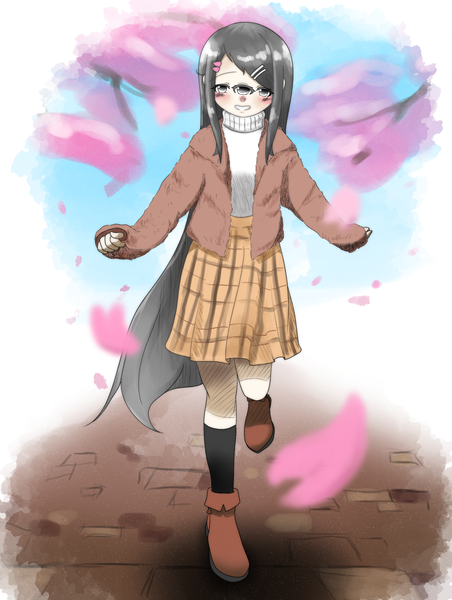 Anime picture 2894x3844 with original kakiagemaru single long hair tall image looking at viewer blush fringe highres black hair smile standing full body long sleeves very long hair pleated skirt black eyes open jacket cherry blossoms sleeves past wrists
