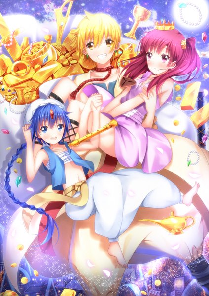 Anime picture 1018x1440 with magi the labyrinth of magic a-1 pictures morgiana aladdin (magi) ali baba saluja swordsouls long hair tall image fringe short hair blue eyes blonde hair brown eyes pink hair braid (braids) pink eyes barefoot multiple boys one side up single braid