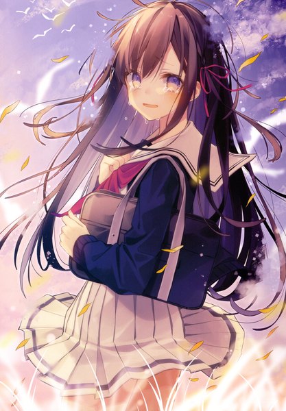 Anime-Bild 3208x4619 mit original oshio (dayo) single long hair tall image looking at viewer blush fringe highres open mouth black hair standing purple eyes absurdres sky cloud (clouds) long sleeves :d pleated skirt multicolored hair